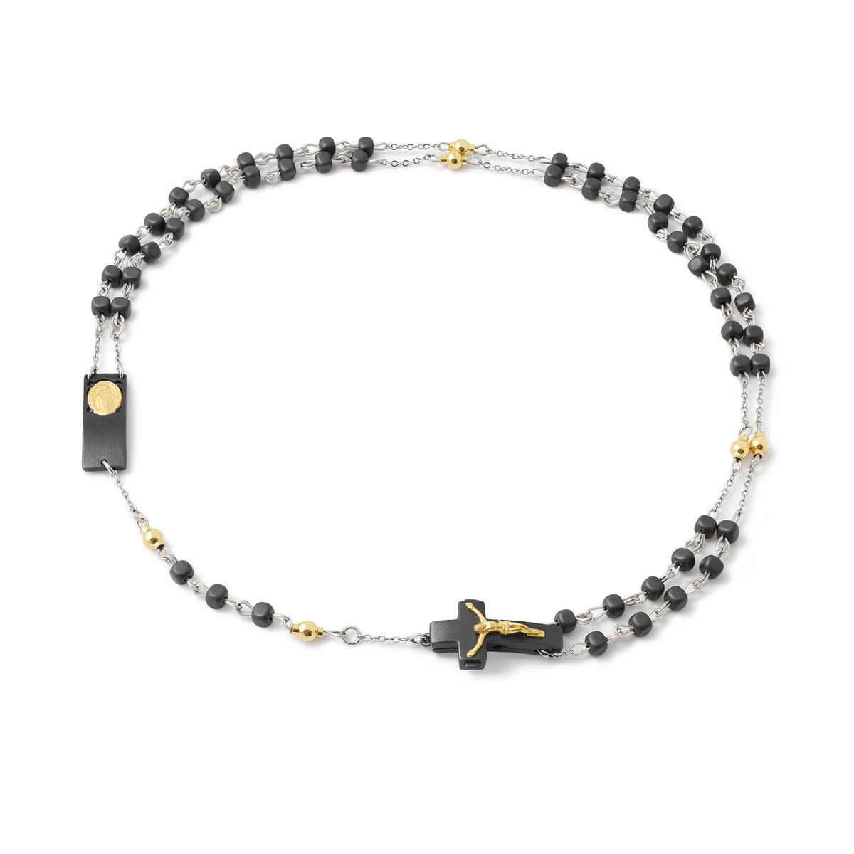 ROSALET® NECKLACE BLACK RHODIUM - SQUARE MATTE HEMATITE BEADS, GOLD PATER