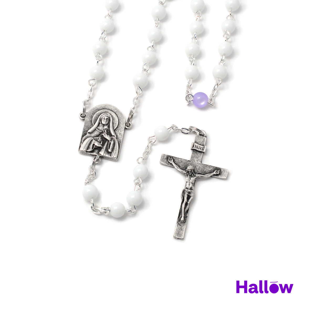 Hallow® and Ghirelli® Rosary with white and purple beads, handcrafted in Italy for prayer and reflection.