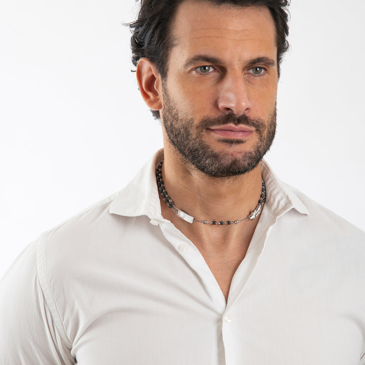 ROSALET® NECKLACE SQUARE MATTE HEMATITE BEADS, STERLING SILVER & ROUND PATER