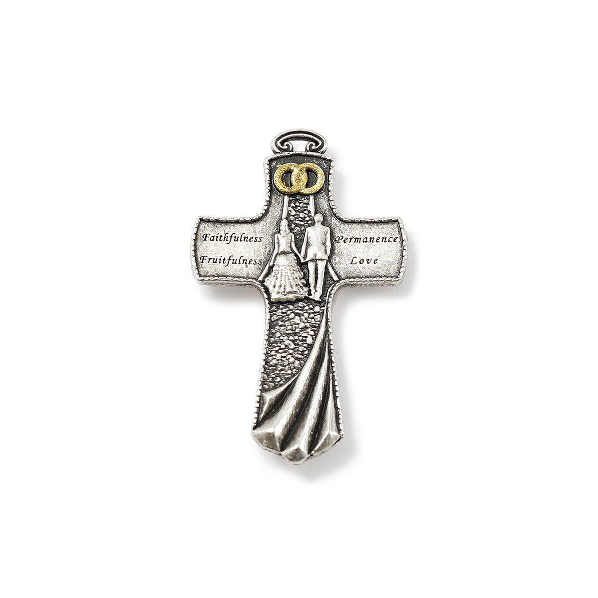 Silver cross pendant with engraved text on a white background