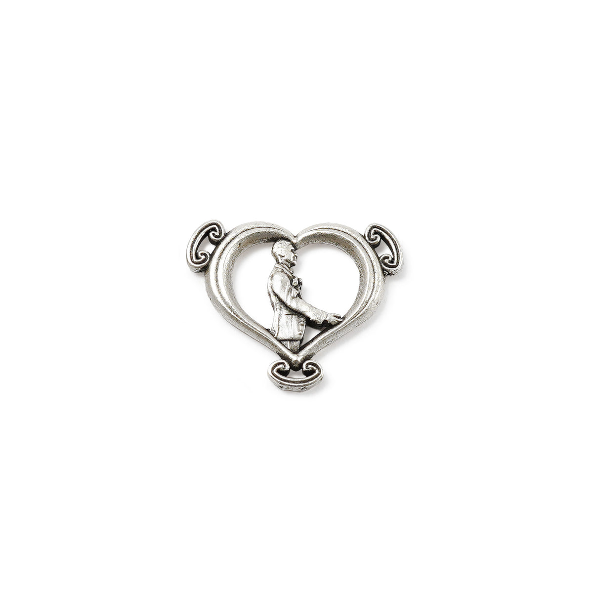Silver heart-shaped pendant with a figure inside on a white background