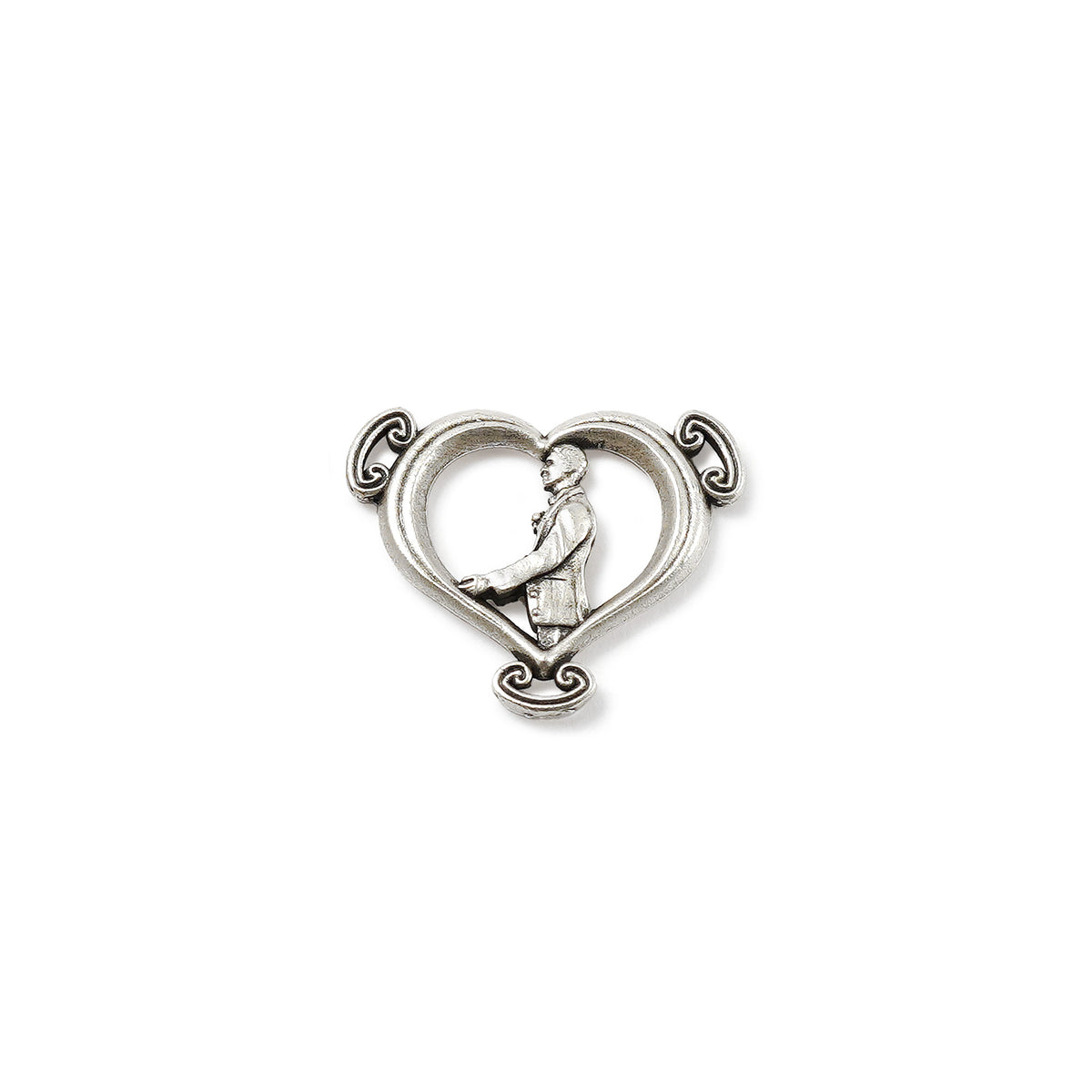 Silver heart-shaped pendant with a religious figure on a white background