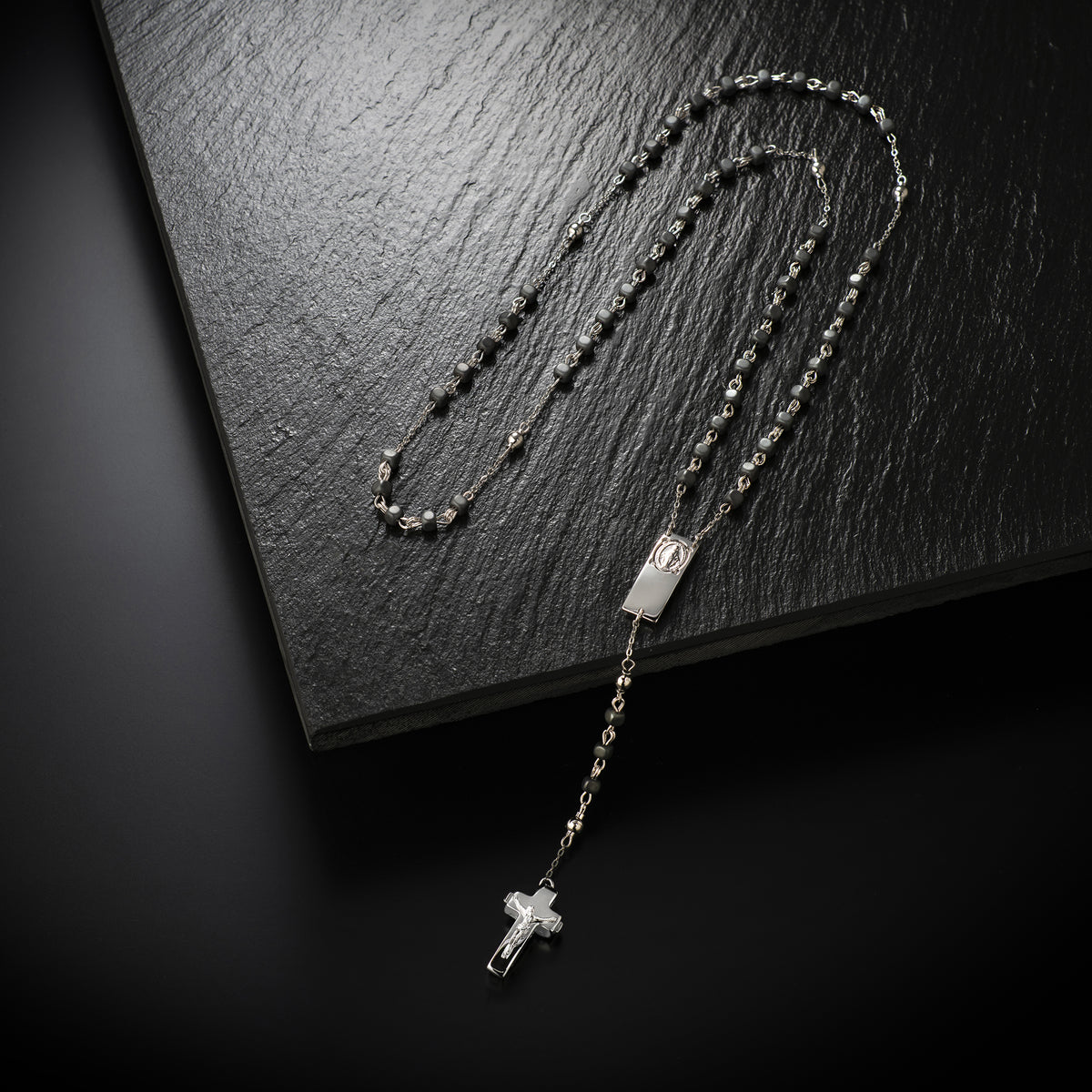 ROSALET® NECKLACE SQUARE MATTE HEMATITE BEADS, STERLING SILVER & ROUND PATER