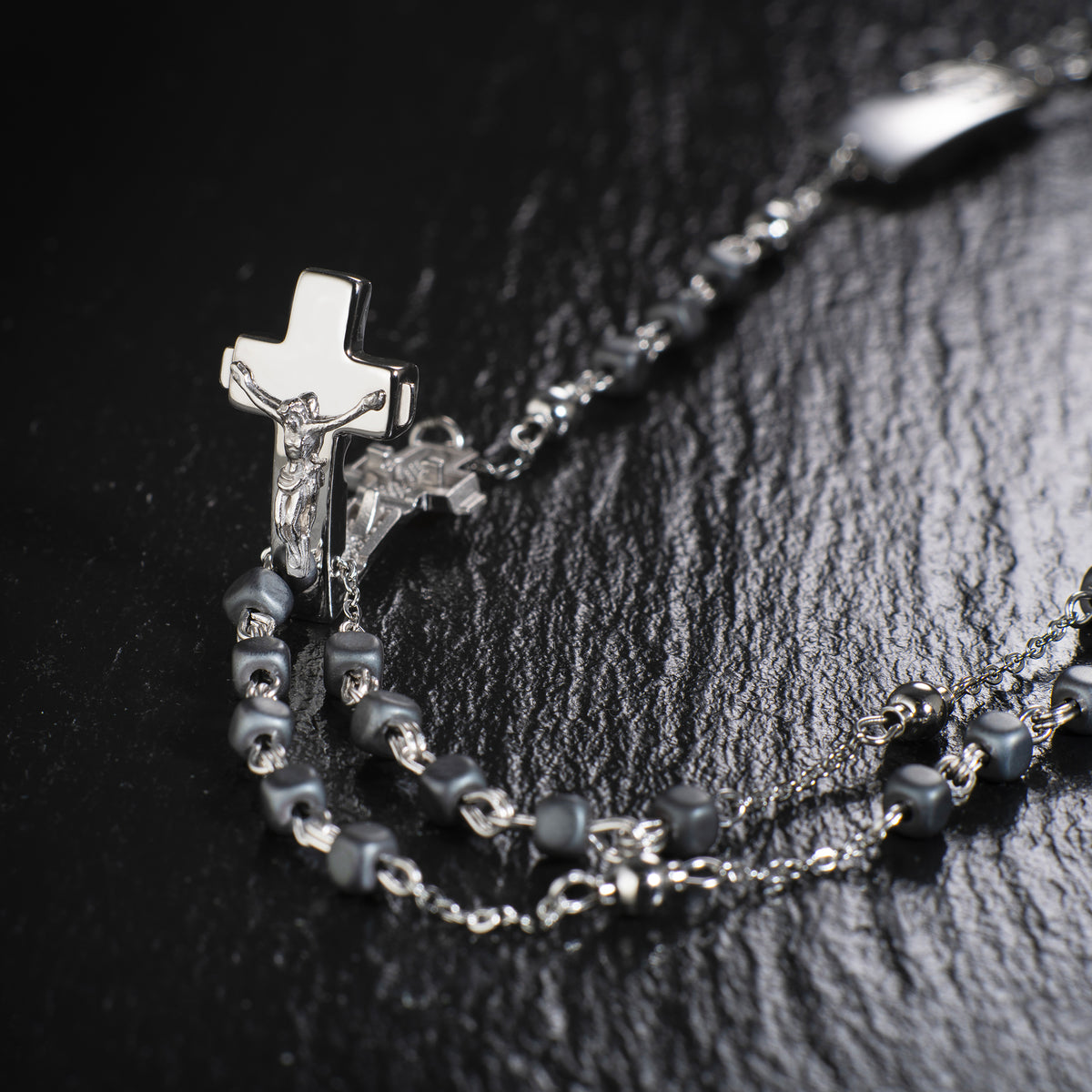 ROSALET® NECKLACE SQUARE MATTE HEMATITE BEADS, STERLING SILVER & ROUND PATER