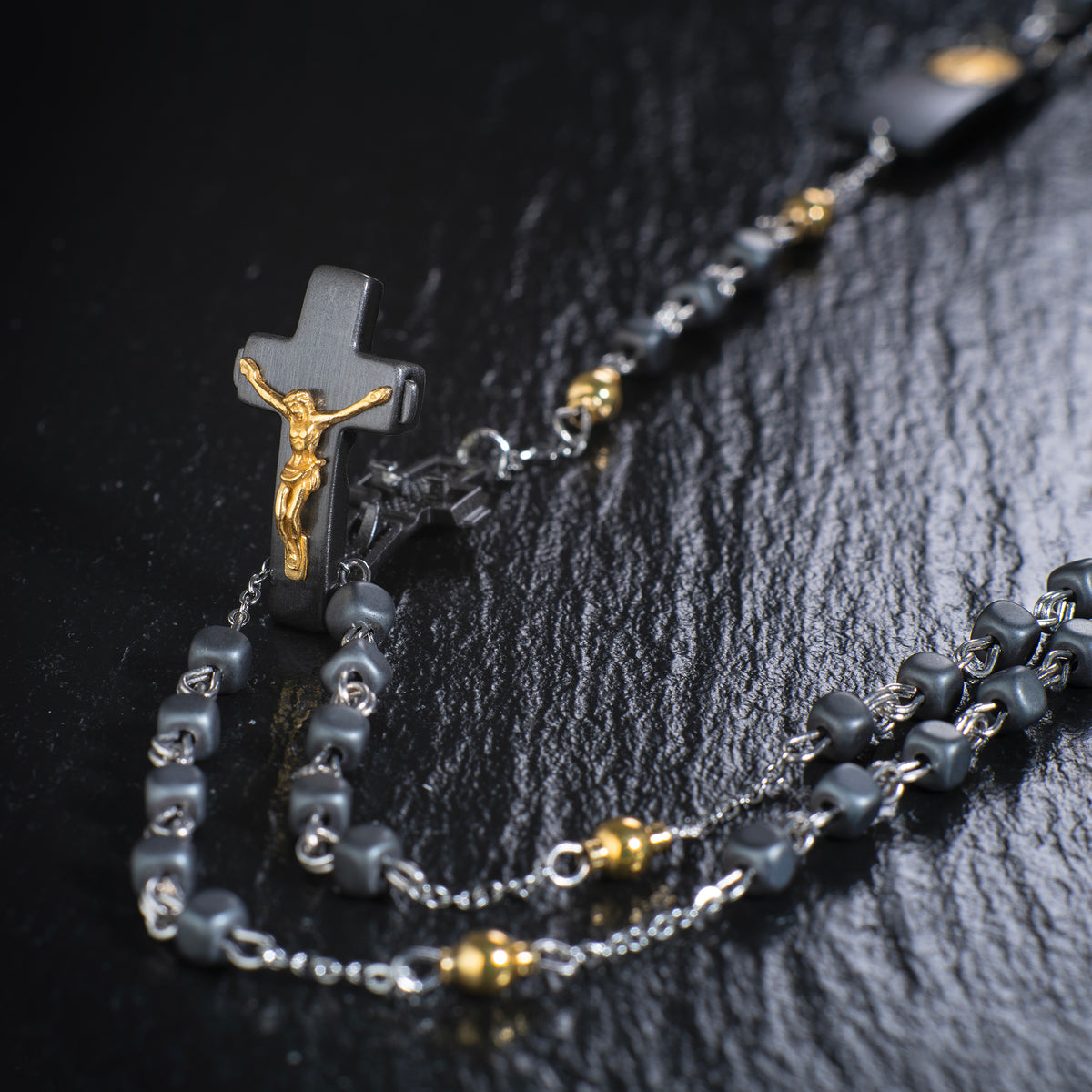 ROSALET® NECKLACE BLACK RHODIUM - SQUARE MATTE HEMATITE BEADS, GOLD PATER