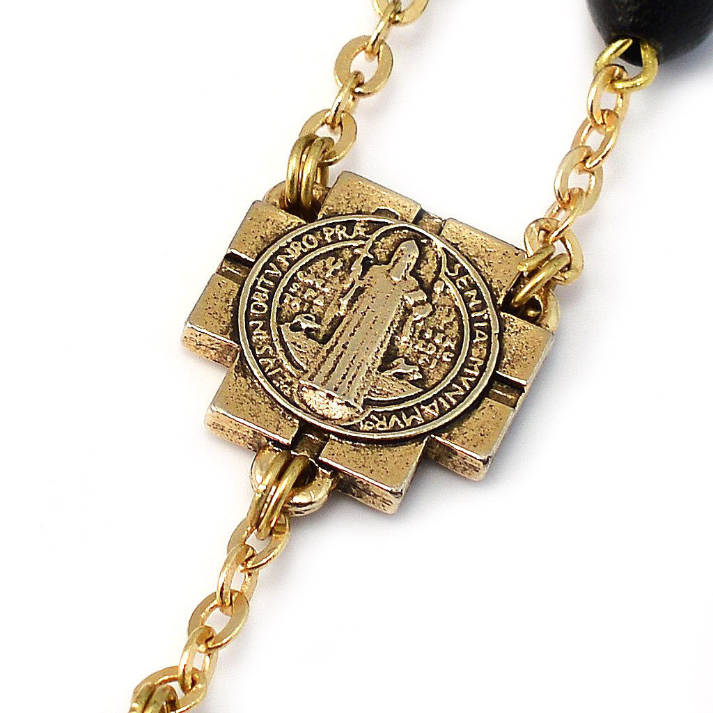 Saint Benedict Rosary with Black Italian Wood & Gold