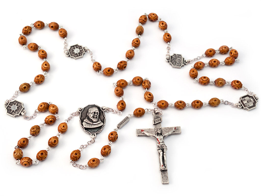 Saint Pio of Pietrelcina Rosary in Antique Silver with Wood Beads