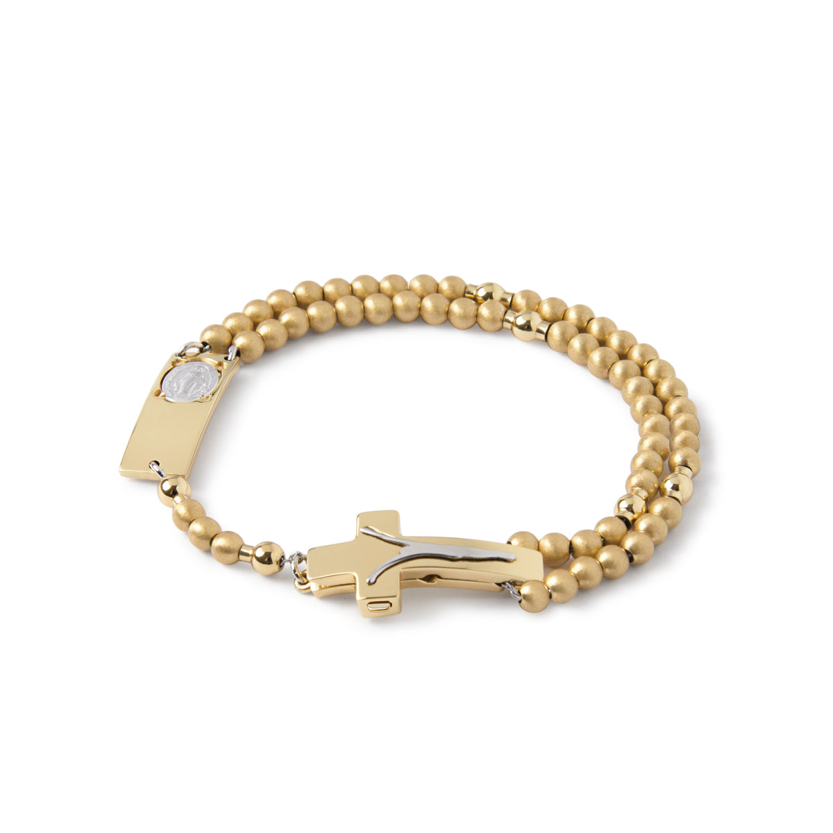 A two-tone sterling silver rosary bracelet with matte gold and shiny gold beads, featuring a modern crucifix clasp.