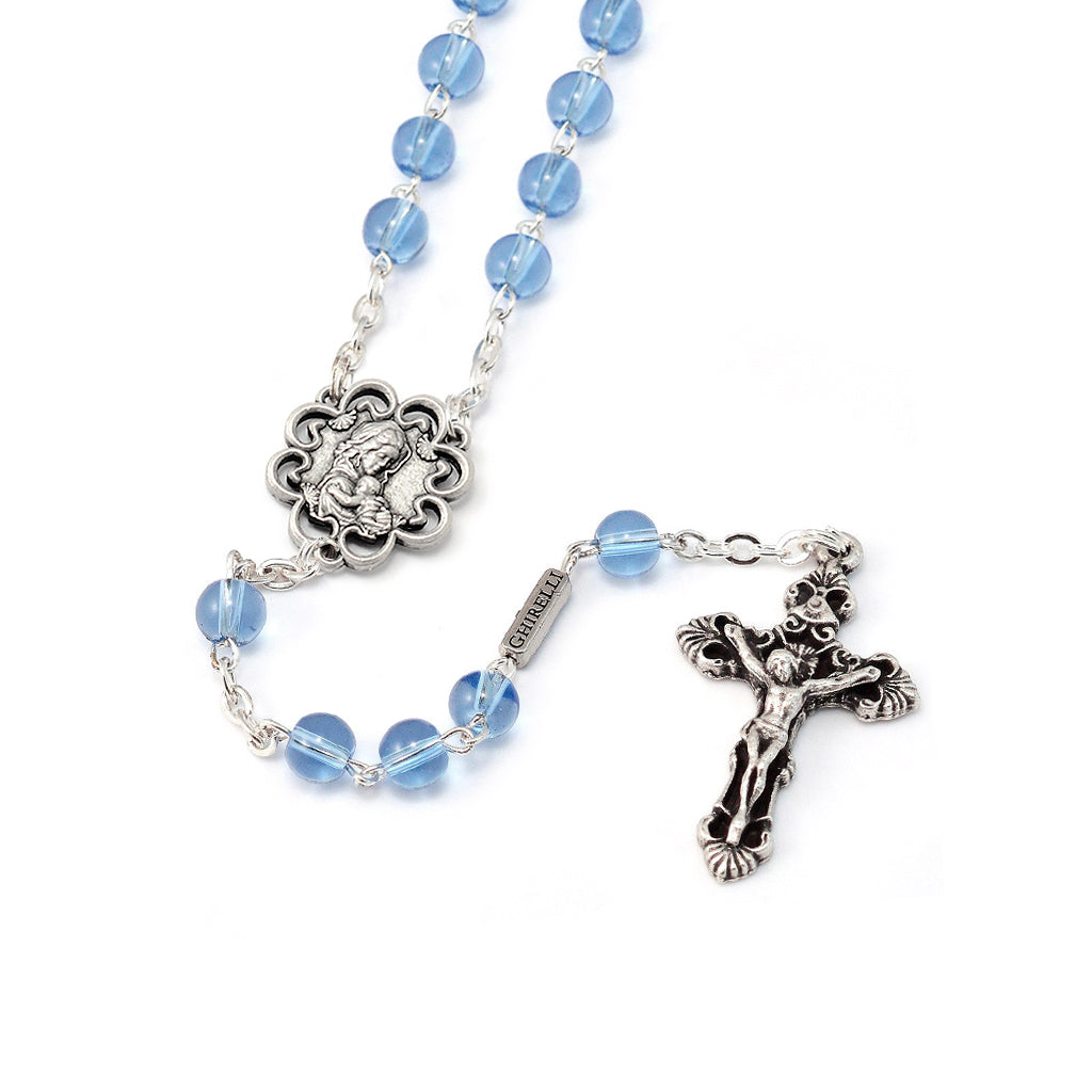 Mary&#39;s Motherly Love Collection Blue &amp; Silver Rosary - 6mm