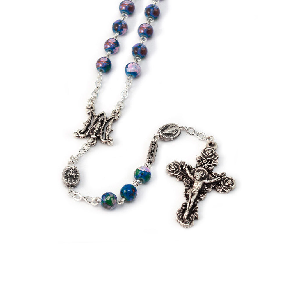 Miraculous Medal Blue Floral &amp; Roses Rosary