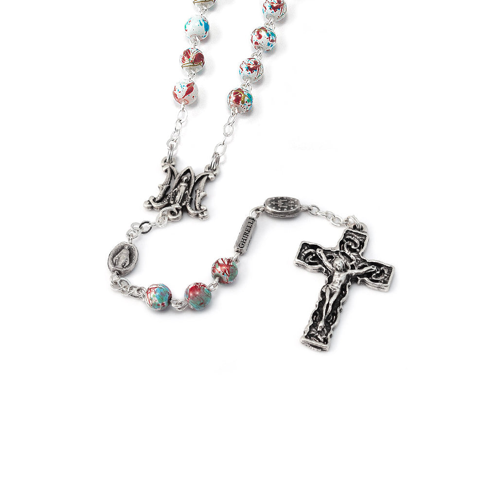 Miraculous Medal Crimson &amp; Mint Marbled Bead Silver Rosary