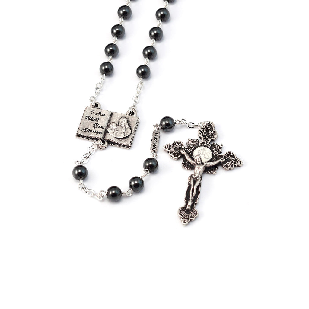 Holy Communion Book of Life Hematite & Silver Rosary