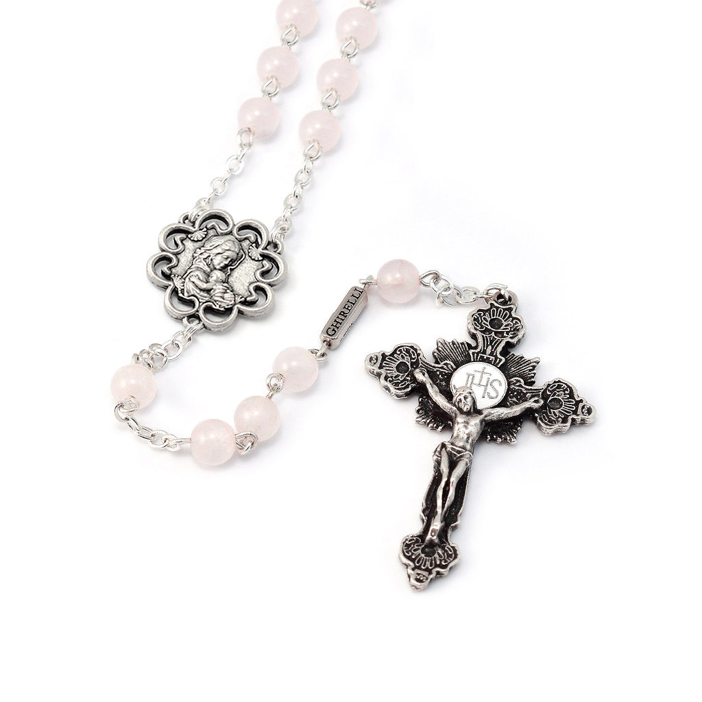 Mary&#39;s Motherly Love Collection Rose Quartz &amp; Silver Rosary