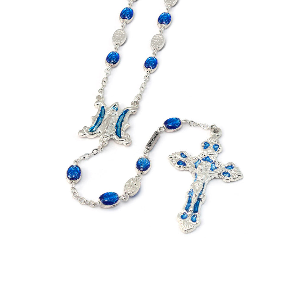 Miraculous Medal Sky Blue Enamel & Polished Silver Rosary