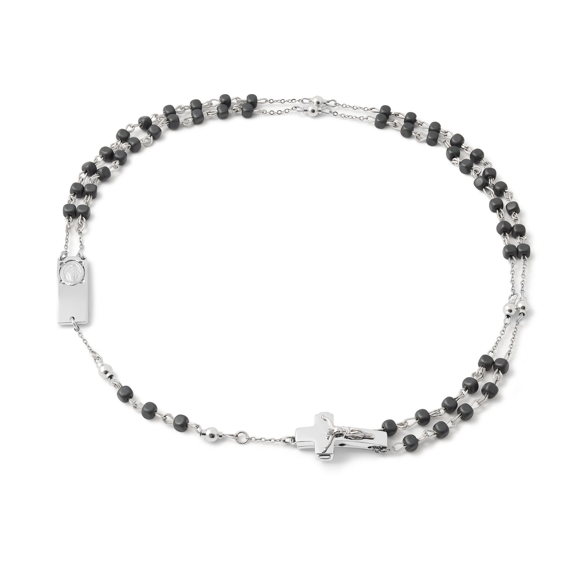 ROSALET®  NECKLACE SQUARE MATTE HEMATITE BEADS, STERLING SILVER & ROUND PATER