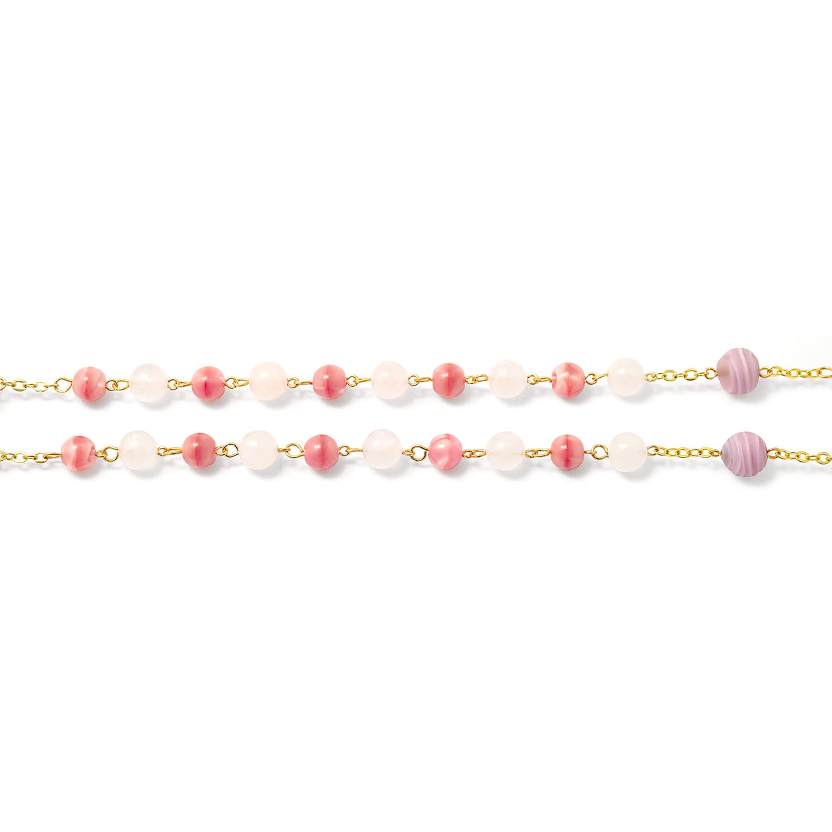 Necklace with pink and white bead chain on a white background