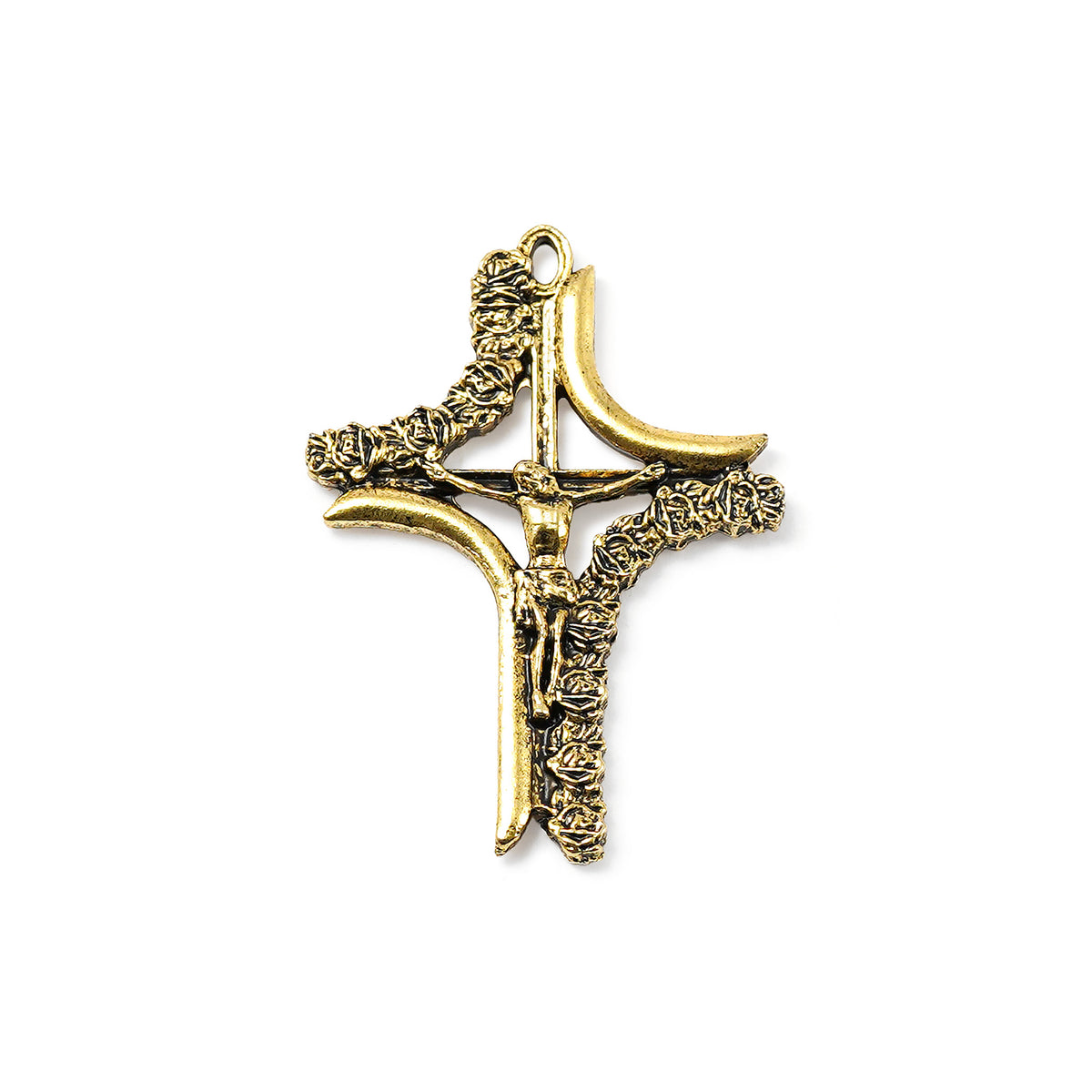 Gold cross pendant on a white background