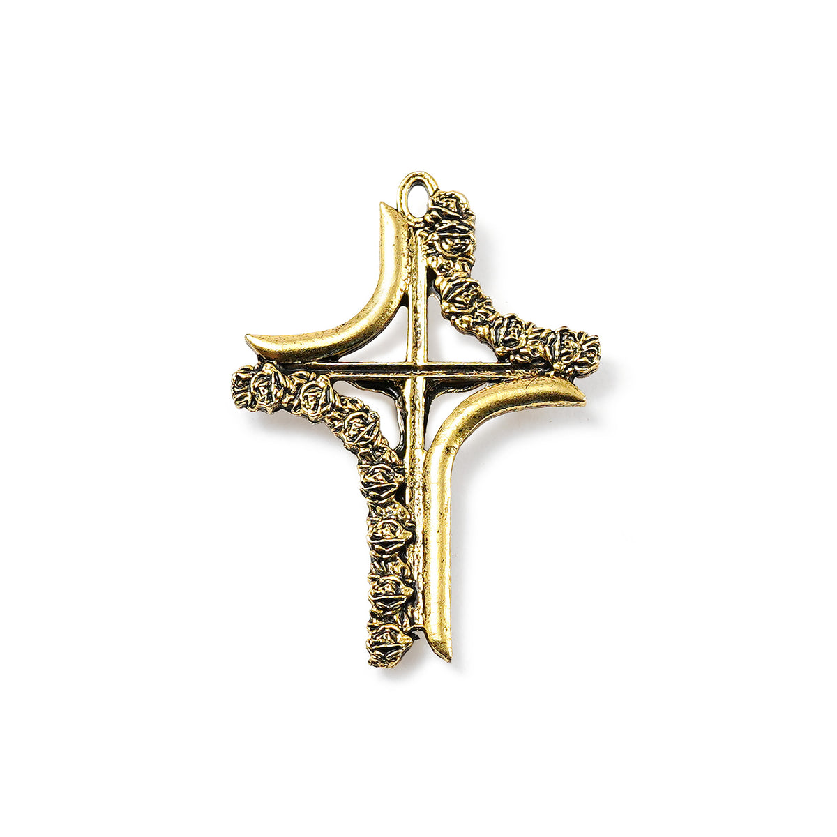 Gold cross pendant with intricate designs on a white background