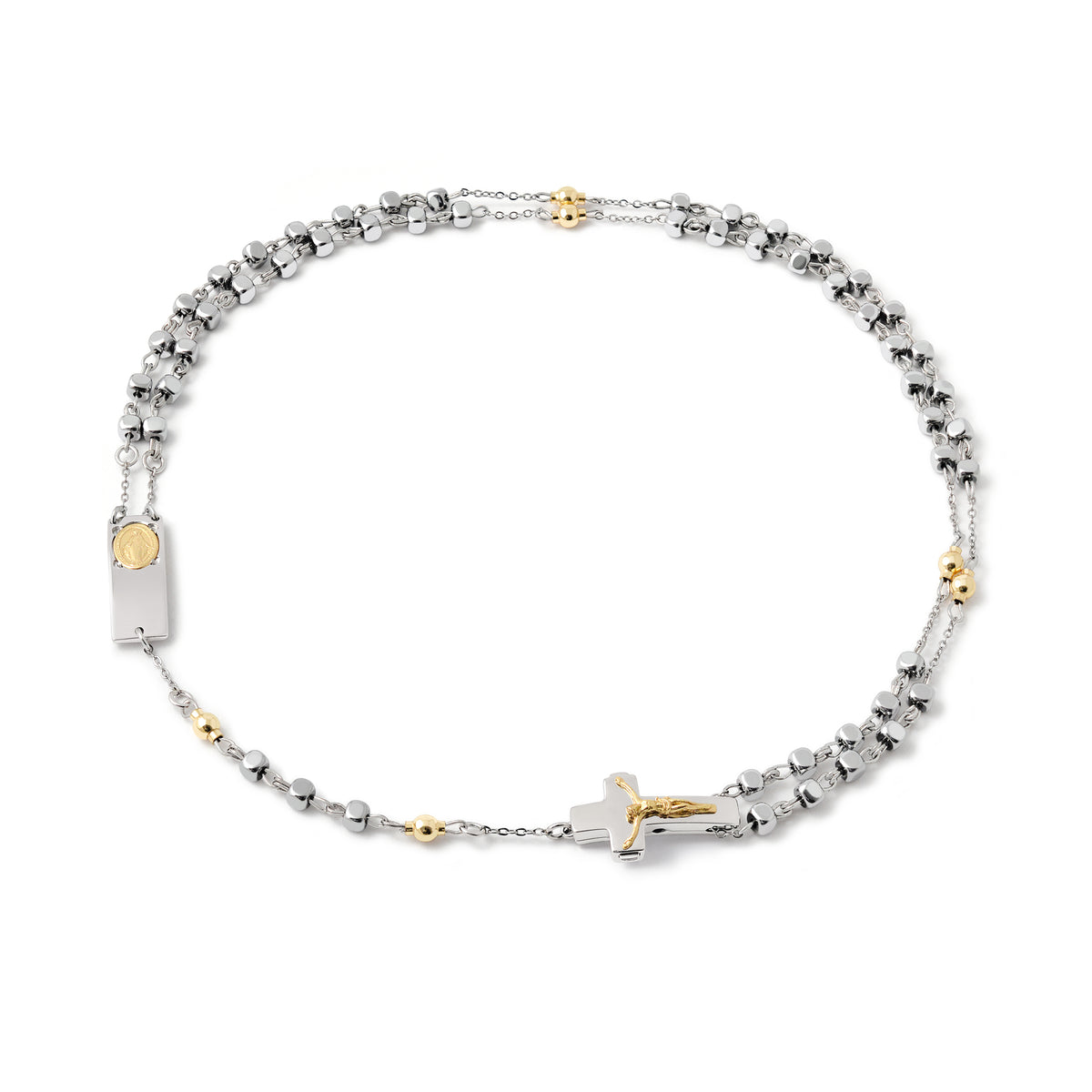 Rosalet® necklace in Sterling Silver and Hematite beads with gold-plated Crucifix and Miraculous Medal centerpiece 