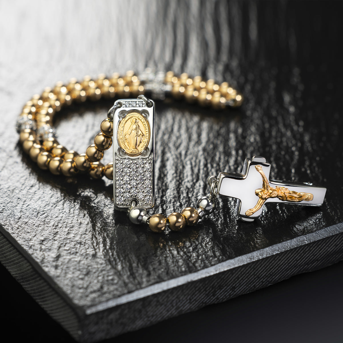 ROSALET® ROUND GOLD BEADS, STERLING SILVER &amp; PAVE PATER, ROSARY CENTER WITH ZIRCON PAVE, TRADITIONAL