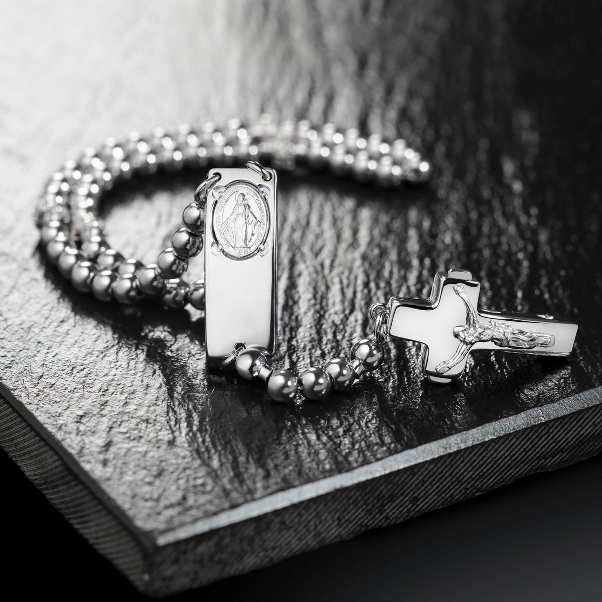 Handcrafted Rosalet bracelet with rhodium beads and zircon Pavé details