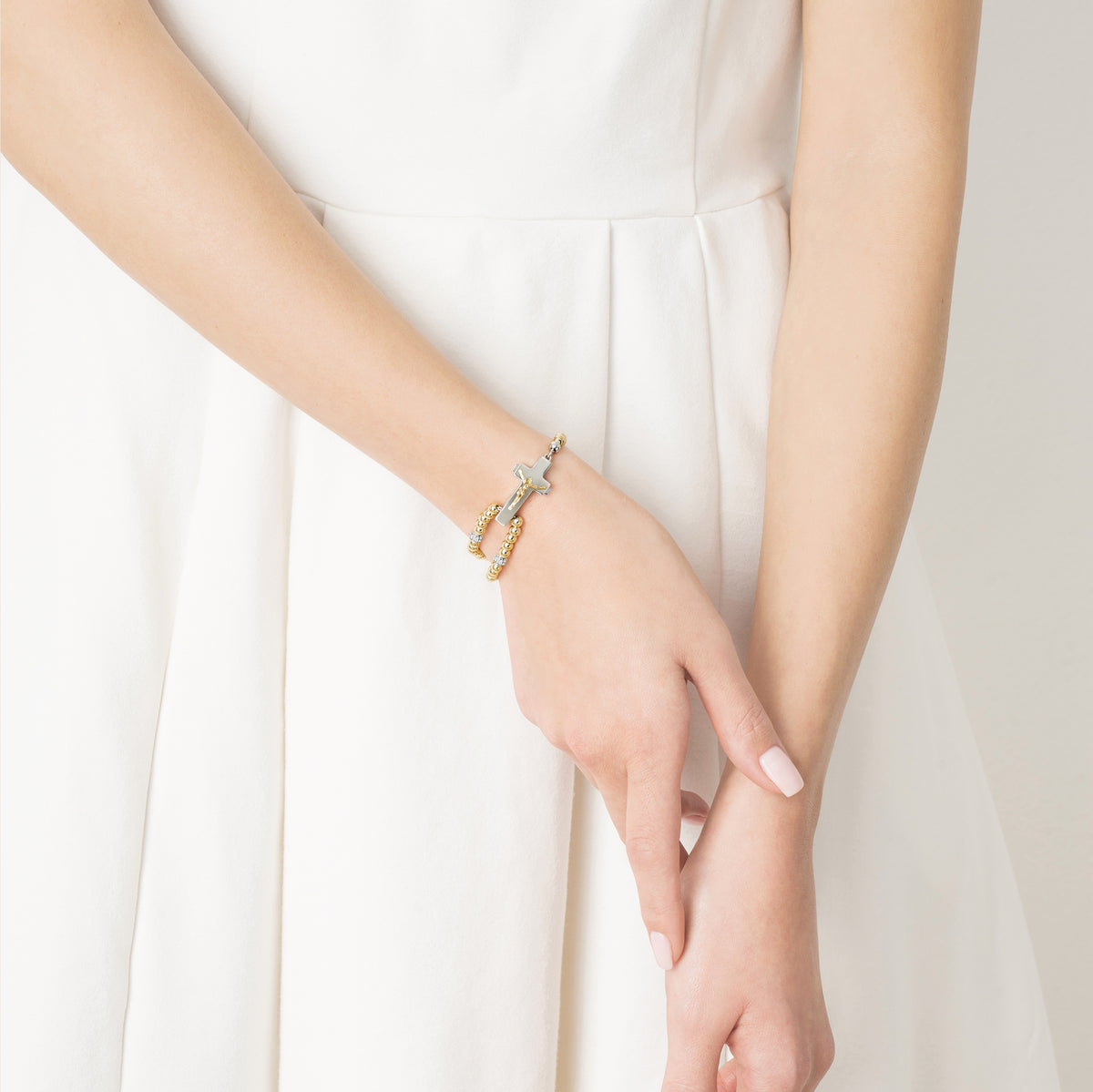 ROSALET® ROUND GOLD BEADS, STERLING SILVER &amp; PAVE PATER, ROSARY CENTER WITH ZIRCON PAVE, TRADITIONAL