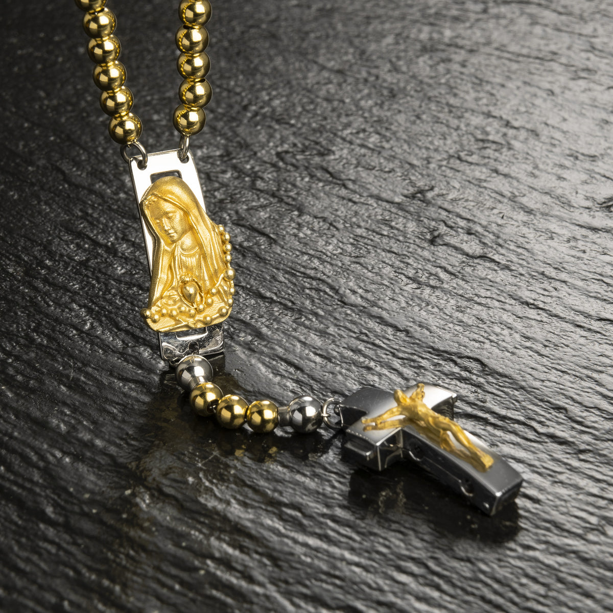 DEVOTIONAL ROSALET WITH ROUND GOLD BEADS