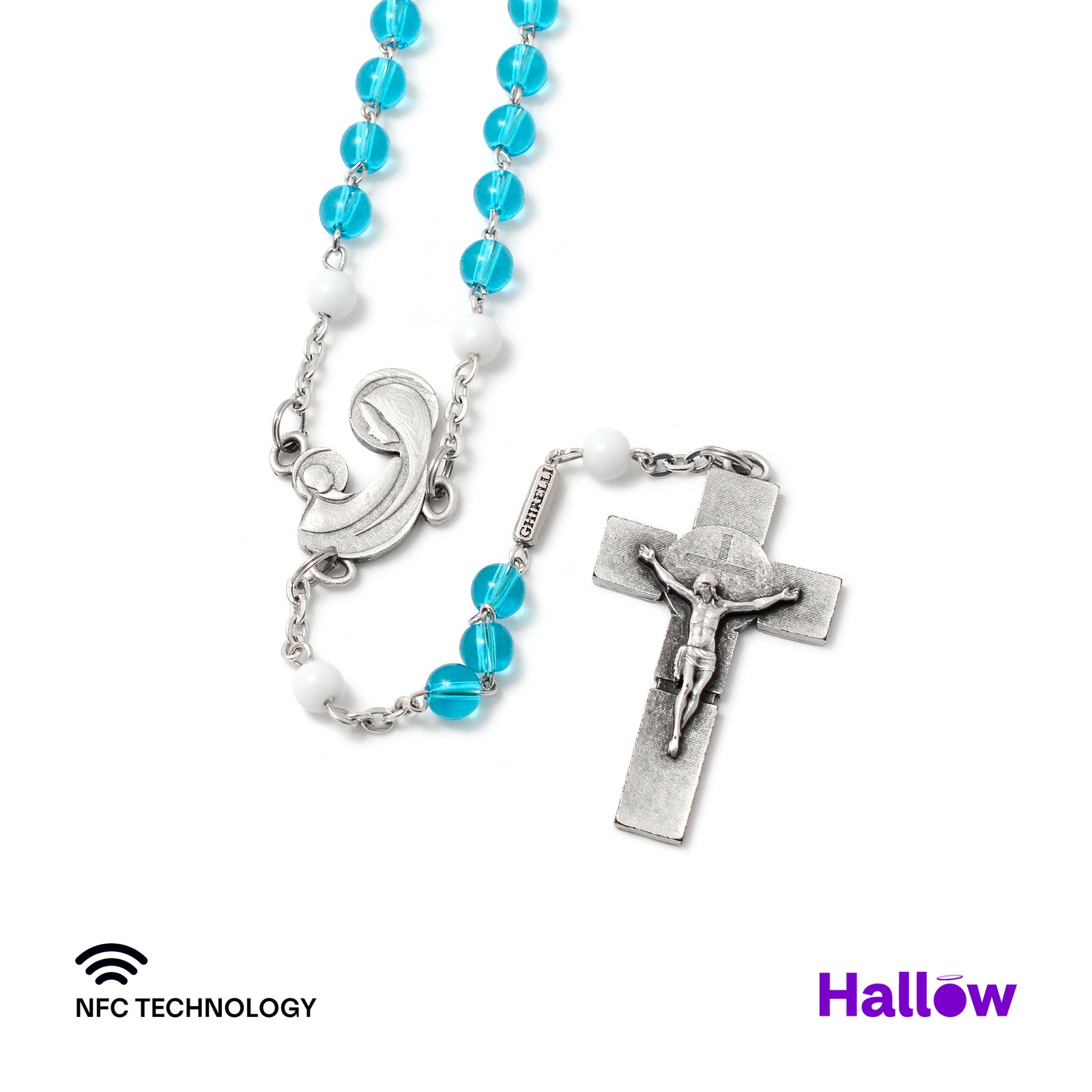 Smart Rosary by Ghirelli® with NFC-enabled Crucifix and aquamarine glass beads, designed for connection with the Hallow® prayer app.