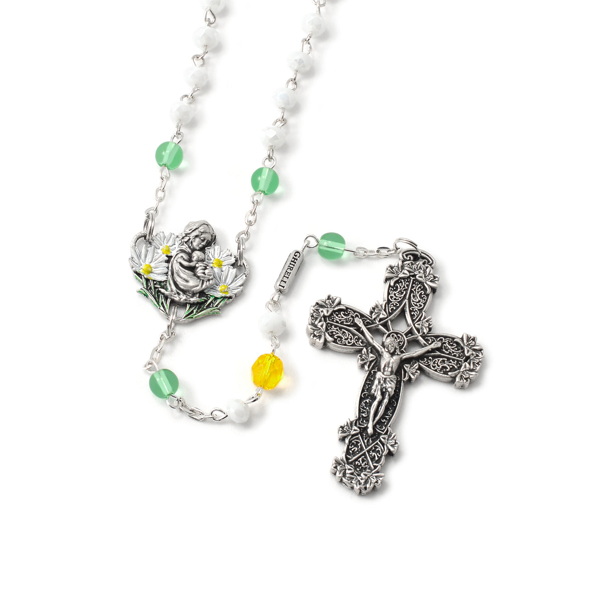 Marian rosary with spring-inspired crystal and Bohemian glass beads, honoring the Blessed Virgin in the Month of Mary.