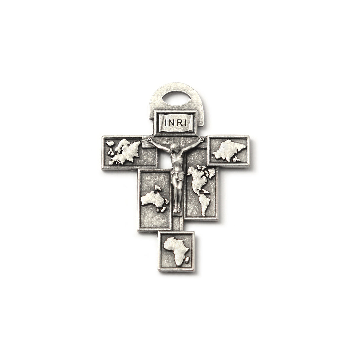 Silver cross pendant with world map designs on a white background