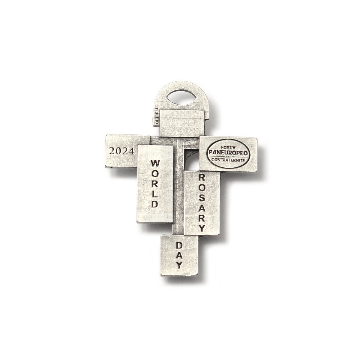 Cross-shaped keychain with &#39;2024 World Rosary Day&#39; text on a white background