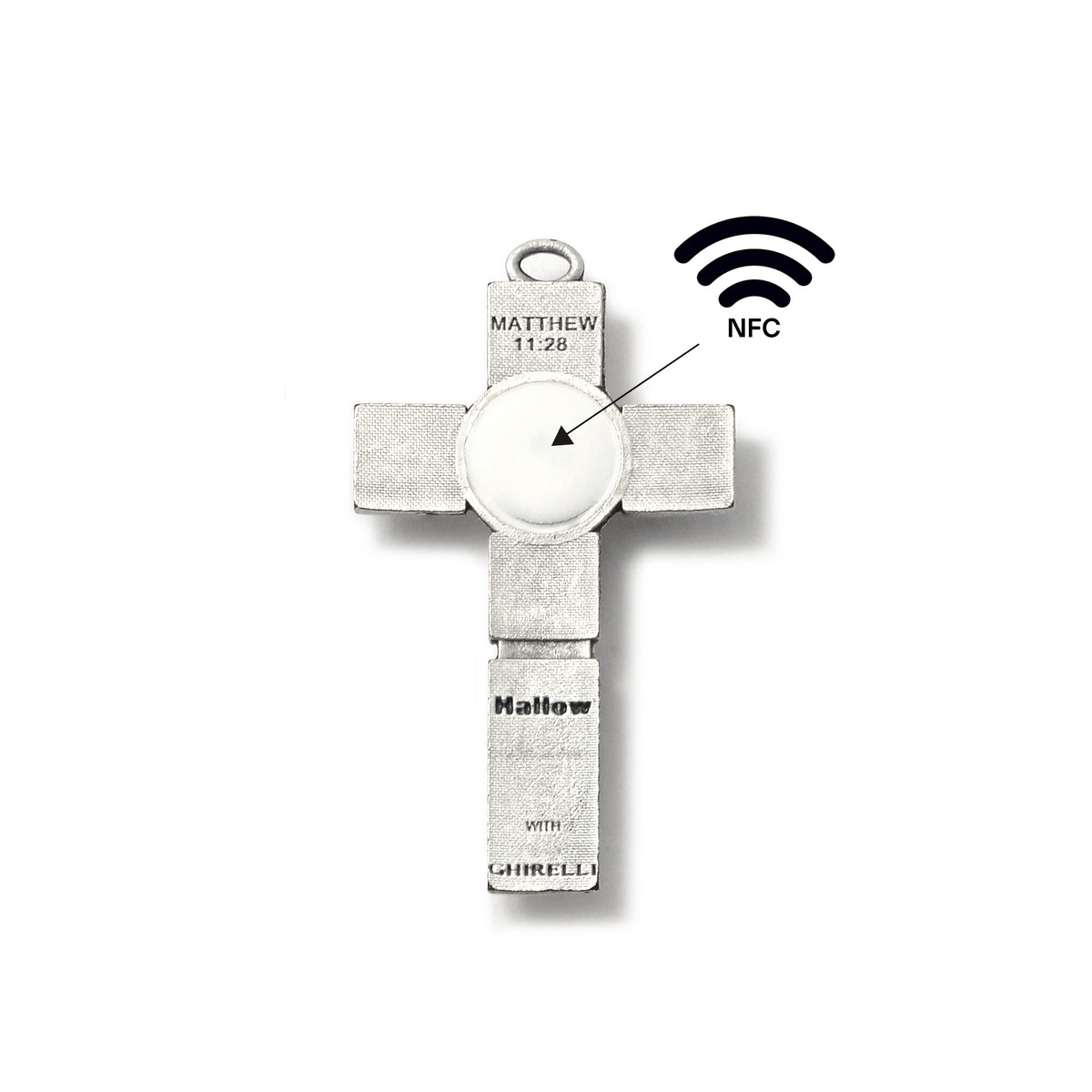 Close-up of the Smart Rosary Crucifix featuring a Monstrance and NFC contact point for instant spiritual access via smartphone.
