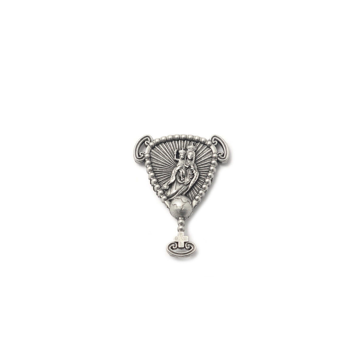 Silver religious pendant on a white background