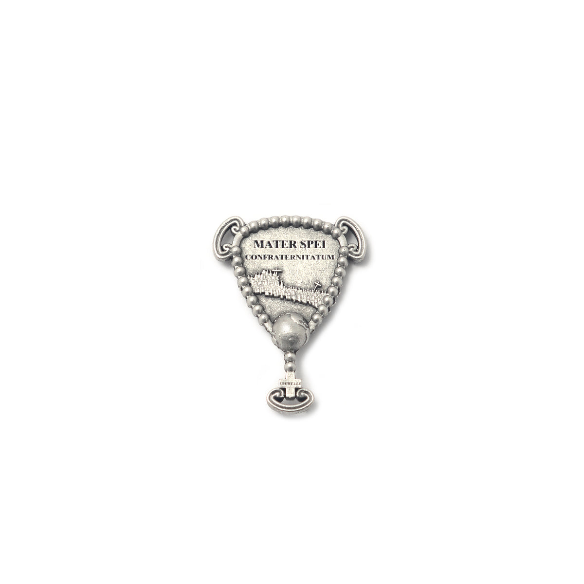 Silver brooch with intricate design and &#39;Mater Spei&#39; text on a white background
