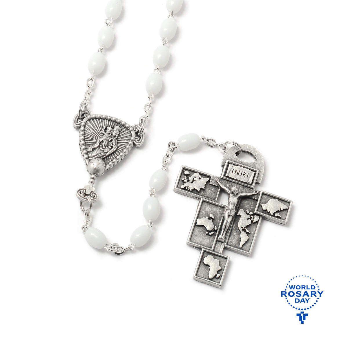White rosary with silver cross and religious symbols on a white background