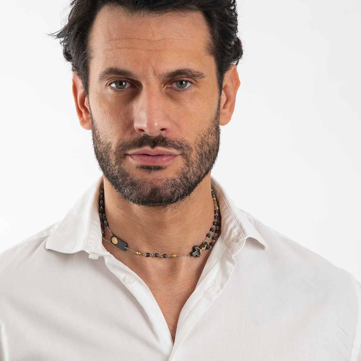 COLLANA ROSALET® RODIO NERO - PERLE QUADRATE IN EMATITE OPACA, PATER D&#39;ORO