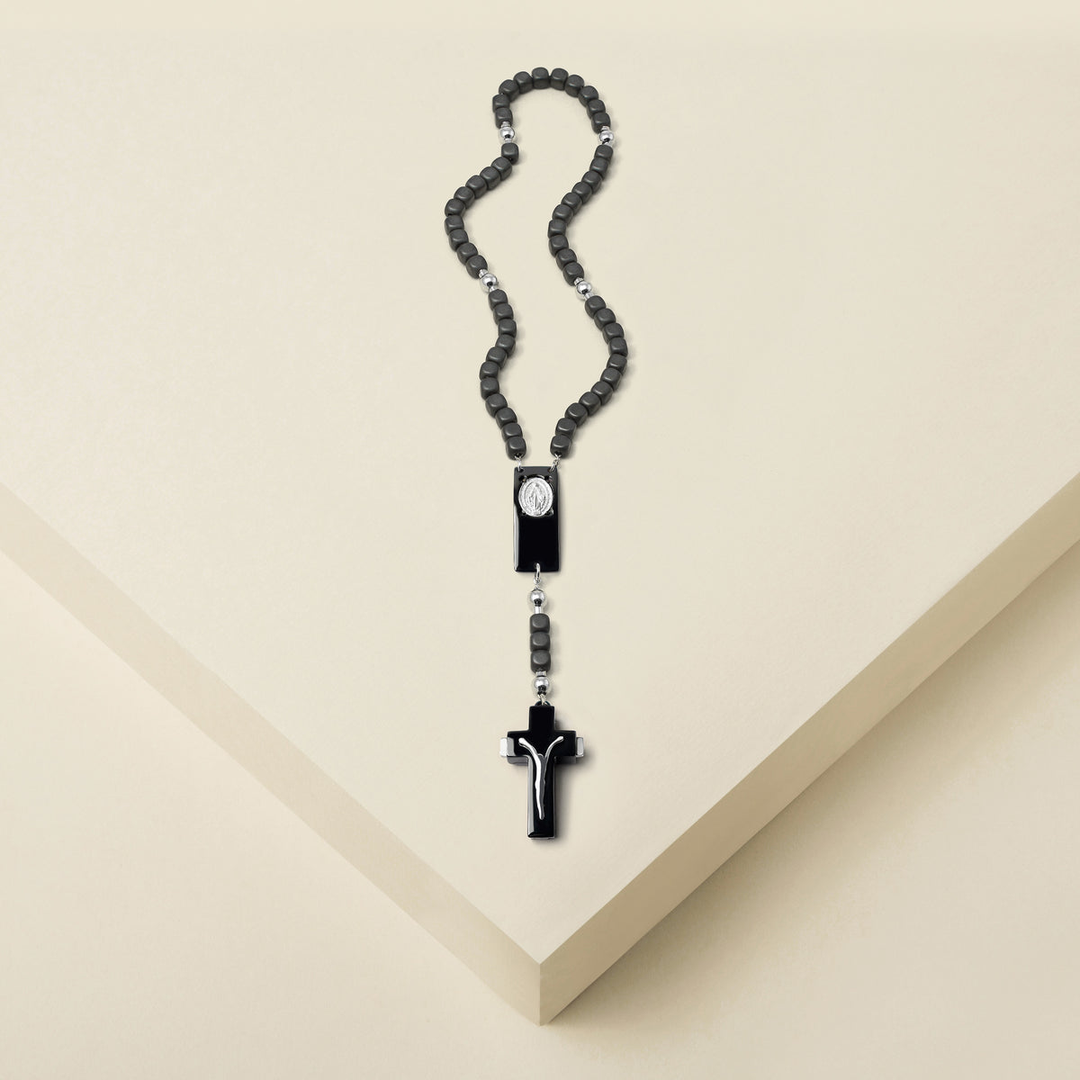 ROSALET® SQUARE BLACK PVD - MATTE HEMATITE BEADS, STERLING SILVER &amp; ROUND PATER, MODERN - Ghirelli Srl - ROW