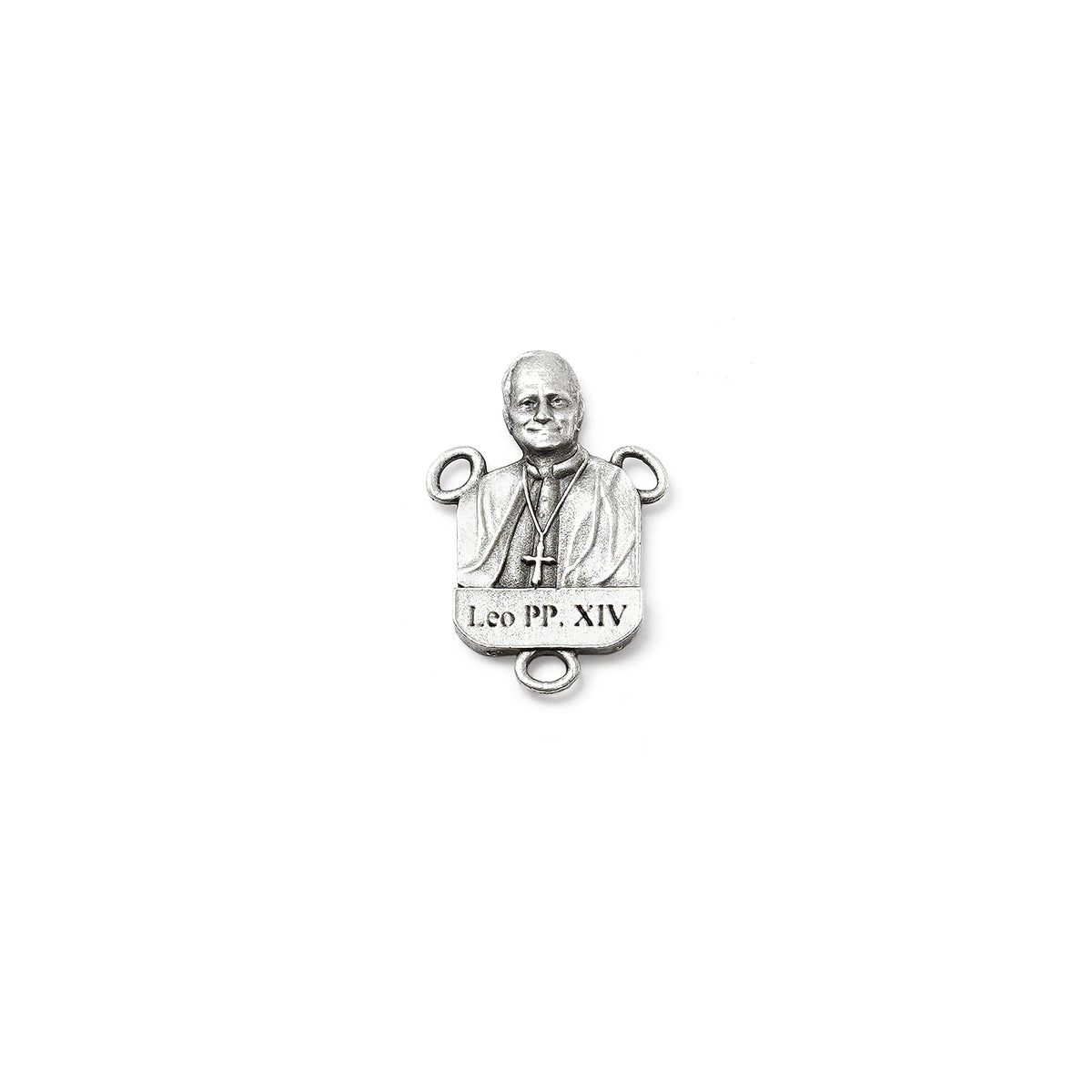 Silver pendant with a religious figure and &#39;Leo PP. XIV&#39; inscription on a white background