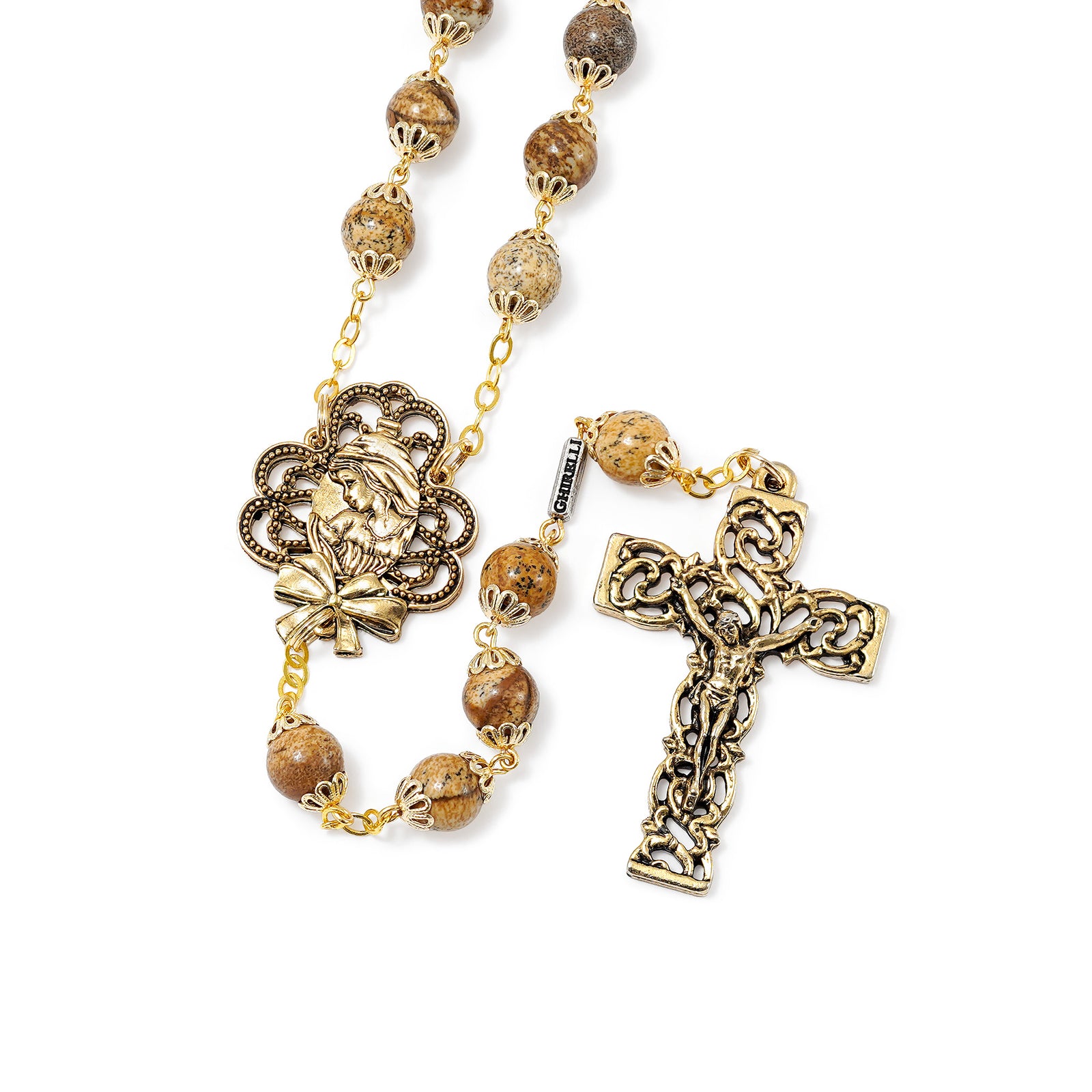 Mary's Motherly Love Collection in Antique Gold with Natural Jasper Stone Rosary - Ghirelli Srl - ROW