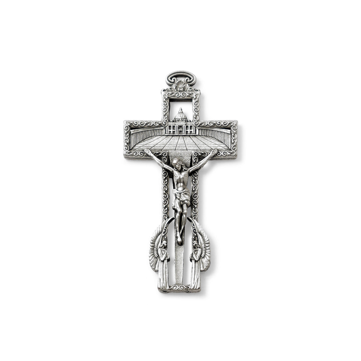 Silver crucifix pendant on a white background