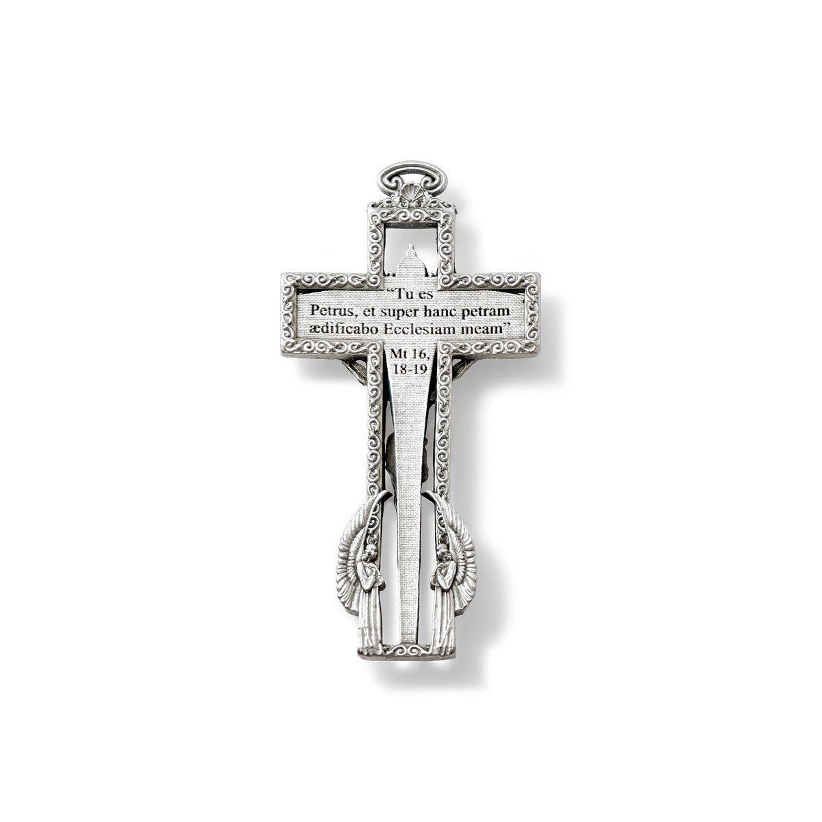 Silver cross pendant with engraved text on a white background