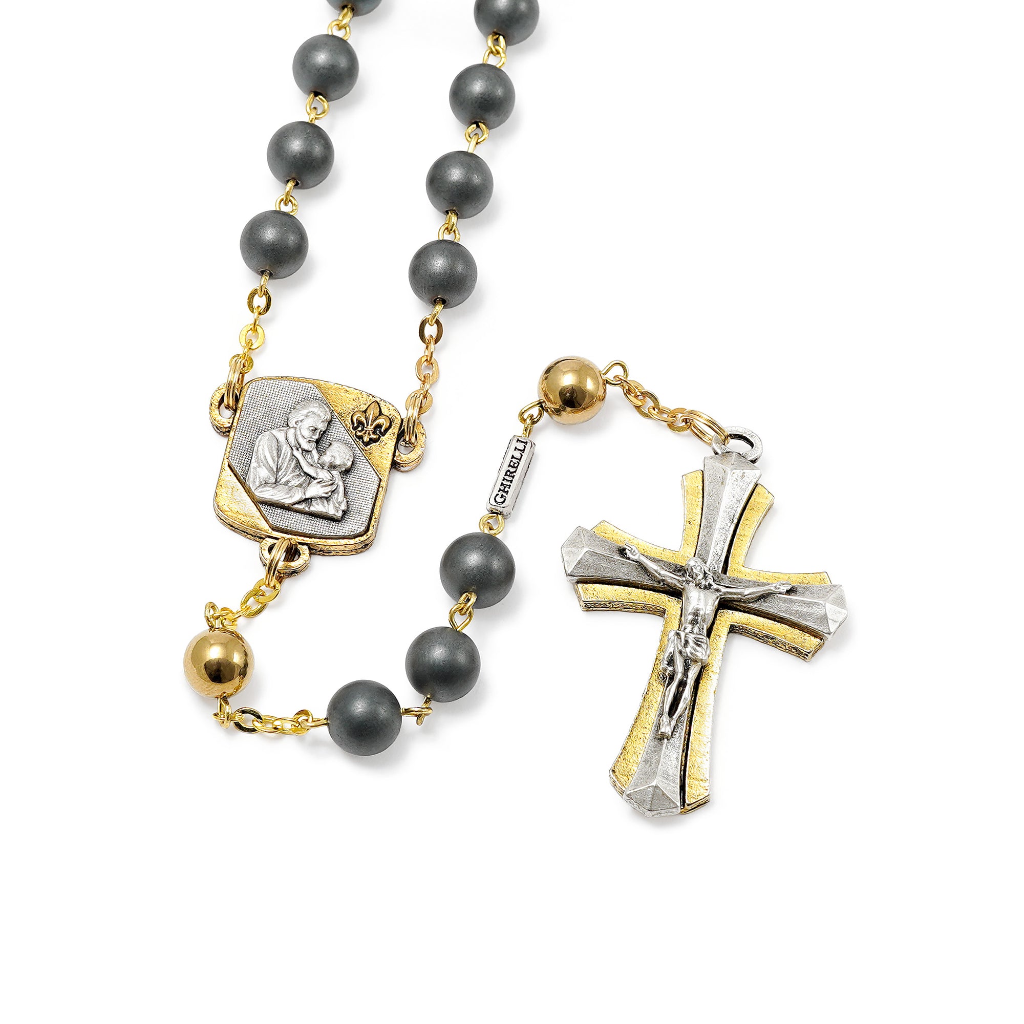 Saint Joseph Rosary in Silver, Gold & Hematite