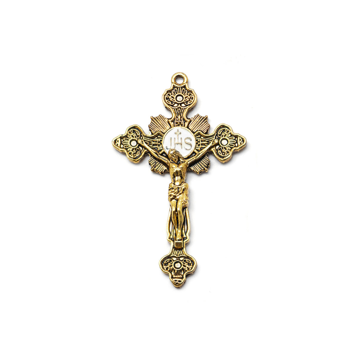 Gold crucifix pendant on a white background
