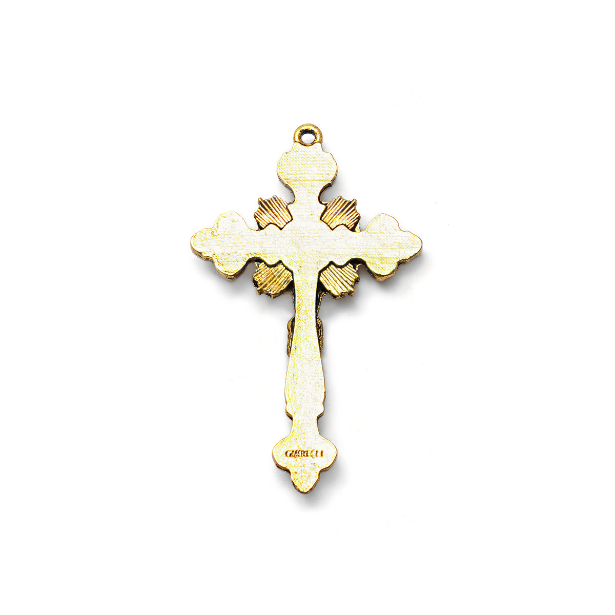 Gold cross pendant on a white background