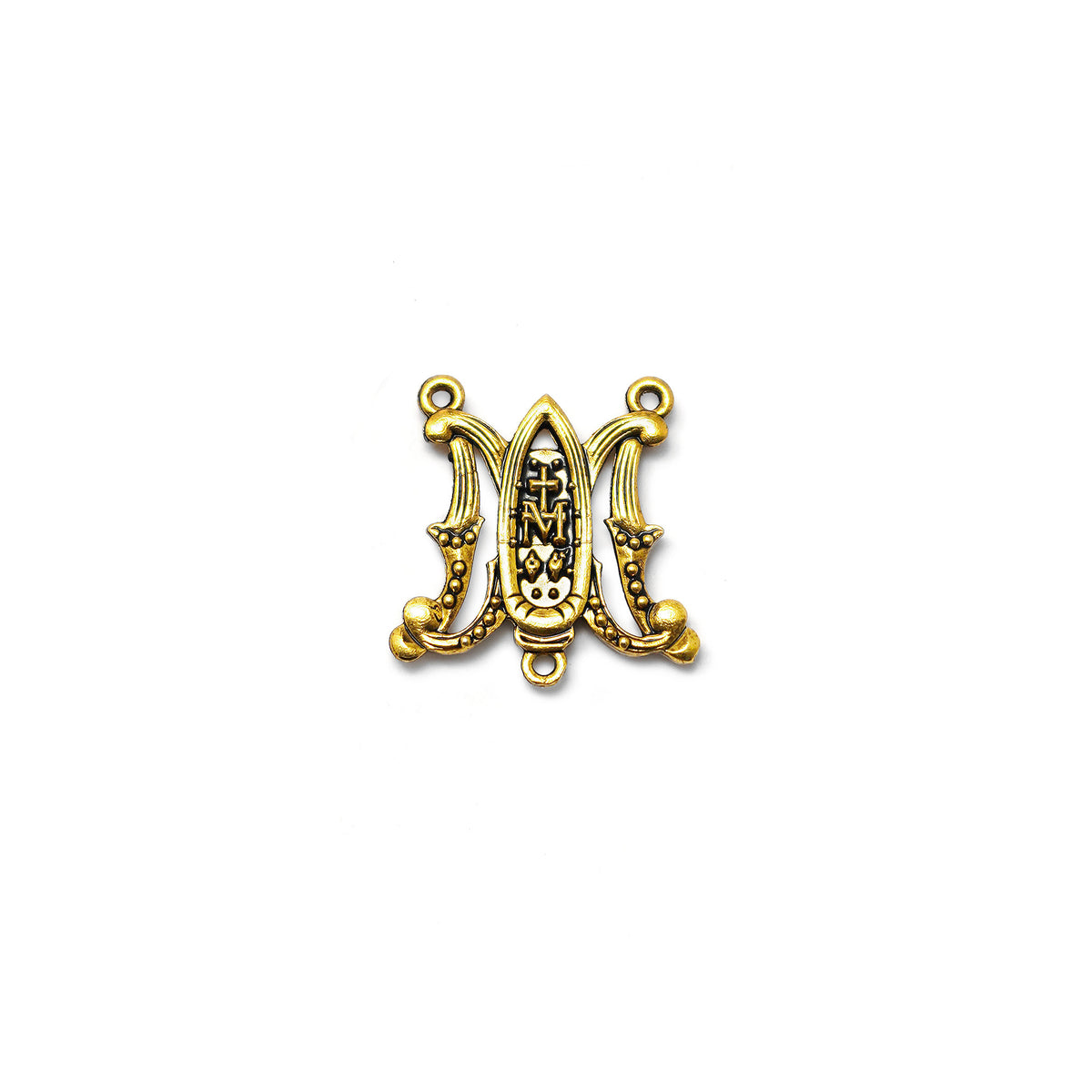 Gold pendant with intricate design on a white background