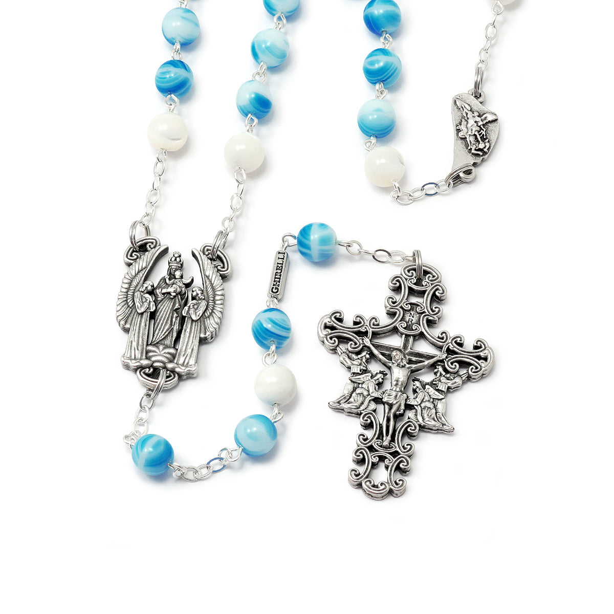 Rosary with blue and white beads and silver religious symbols on a white background