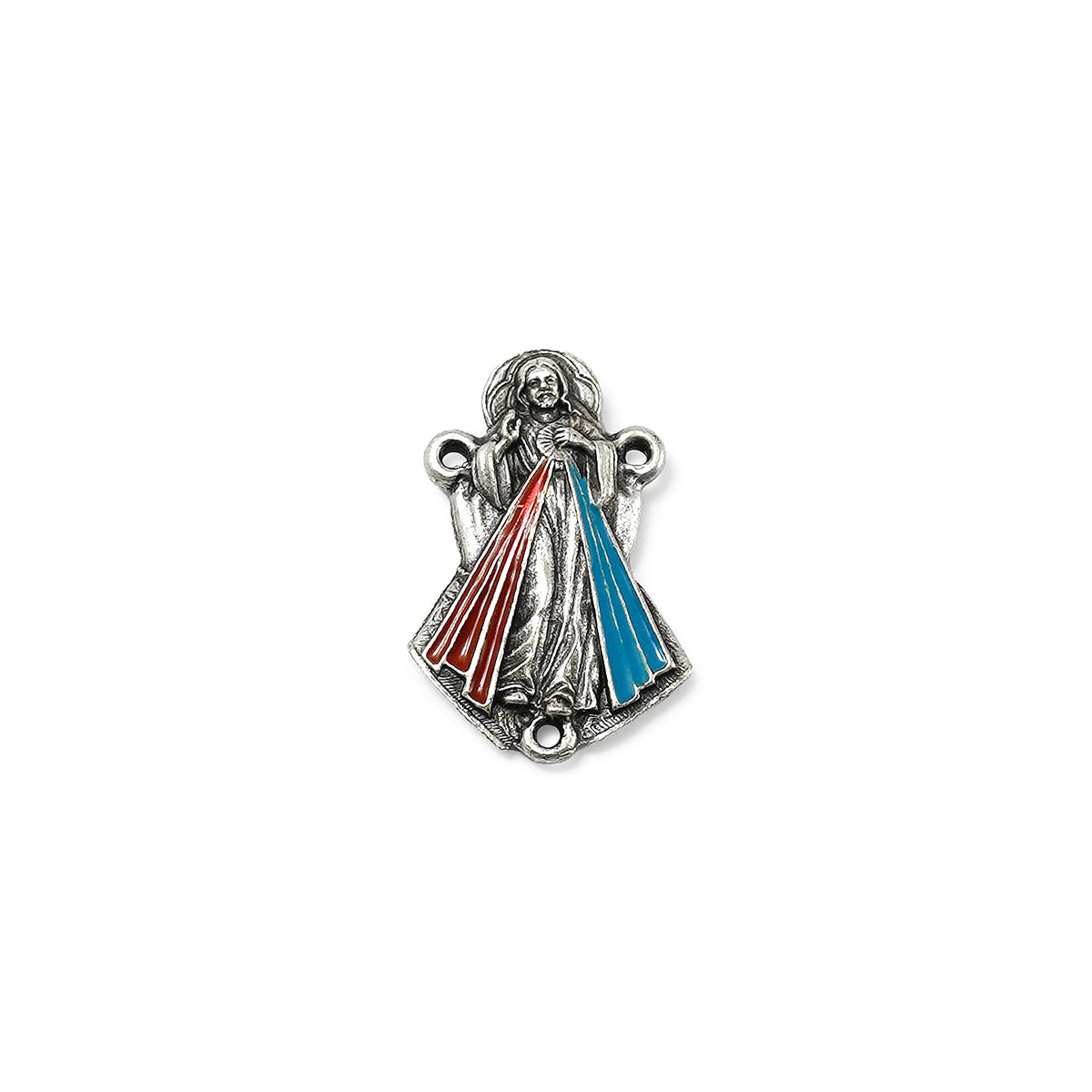 Metallic pendant with a figure and colorful flowing elements on a white background