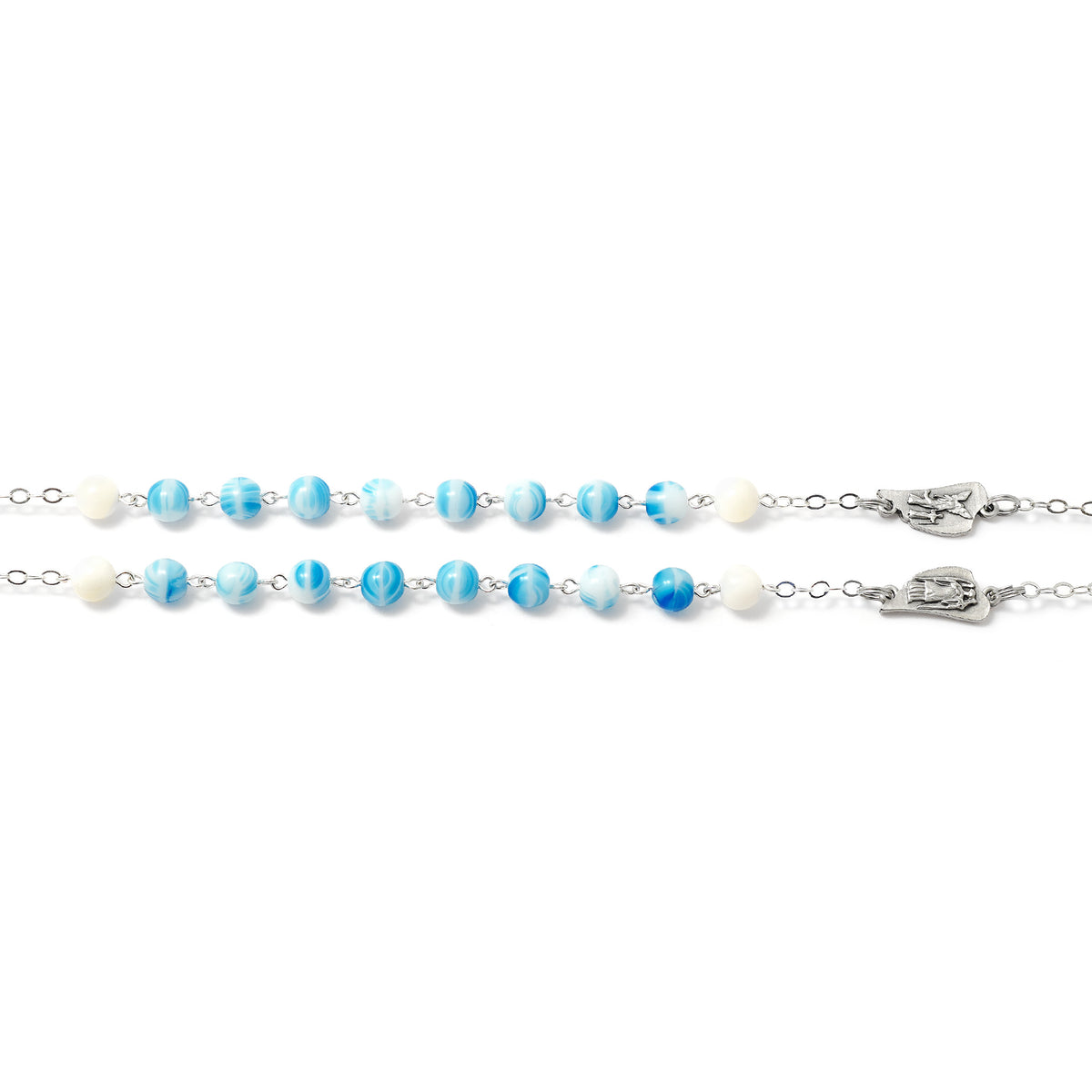 Necklace with blue and white beaded chain on a white background
