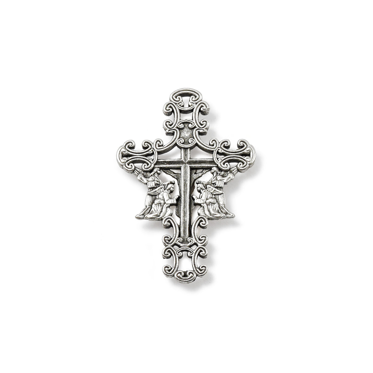 Decorative silver cross on a white background