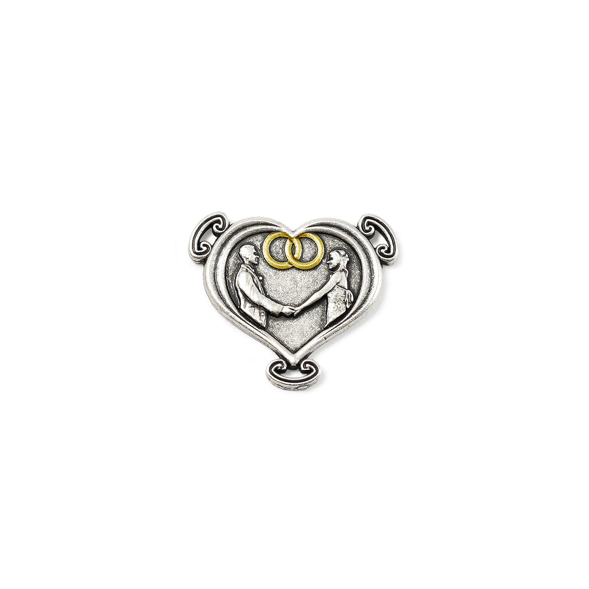 Heart-shaped silver charm with two interlocking rings on a white background